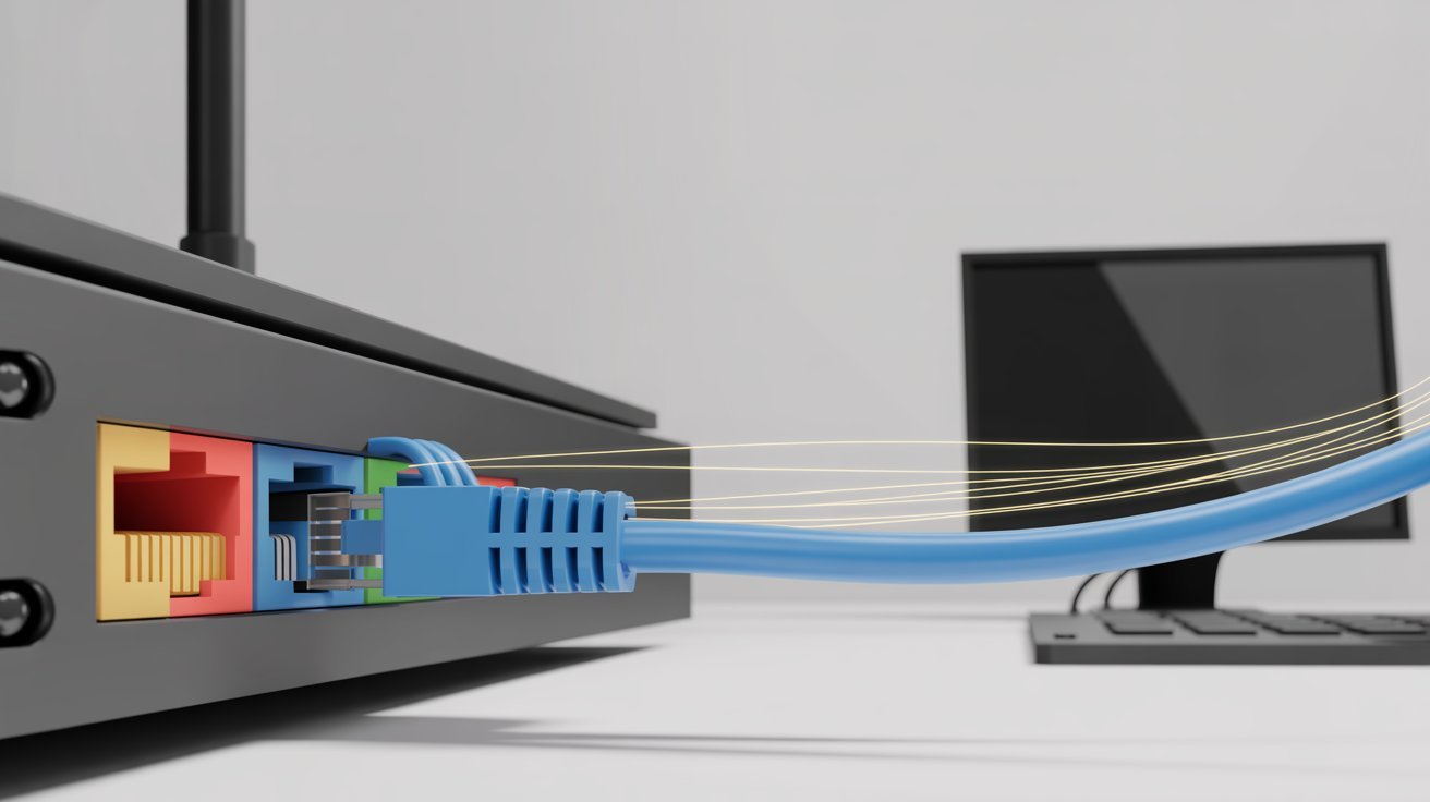 A blue Ethernet cable plugged into a router, with glowing data lines, sits on a desk. A computer monitor and keyboard are blurred in the background.