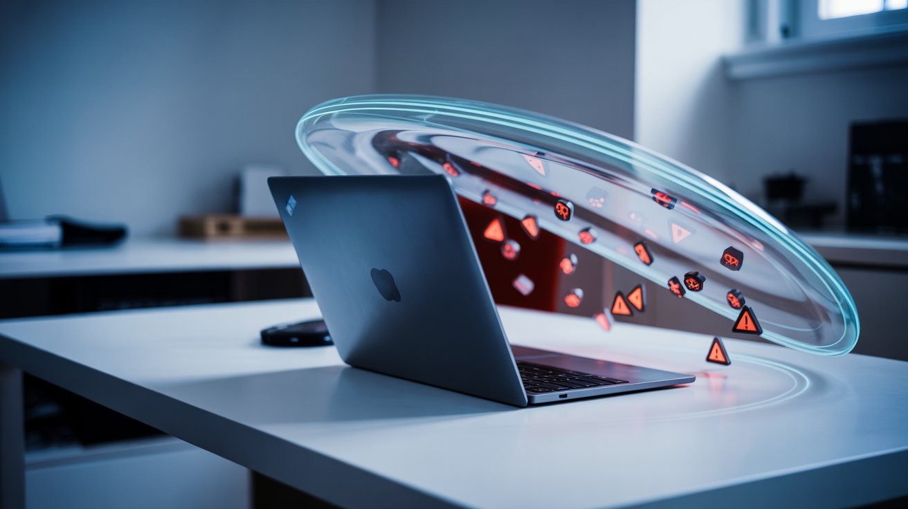A laptop on a desk emits a glowing, semi-transparent shield with floating red warning icons. The scene conveys digital security and data protection.