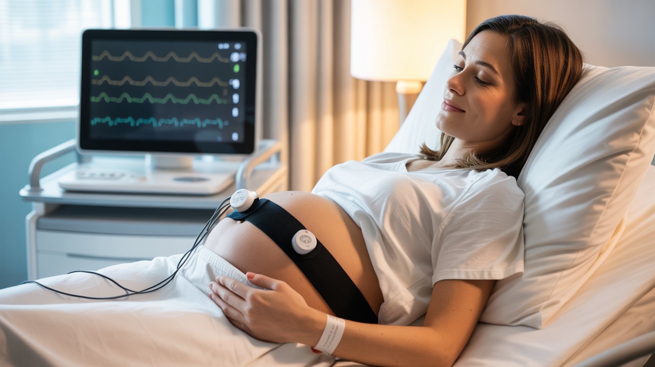 A pregnant woman lies in a hospital bed with a fetal monitor strapped to her belly. She looks relaxed, with a monitor displaying vital signs nearby.