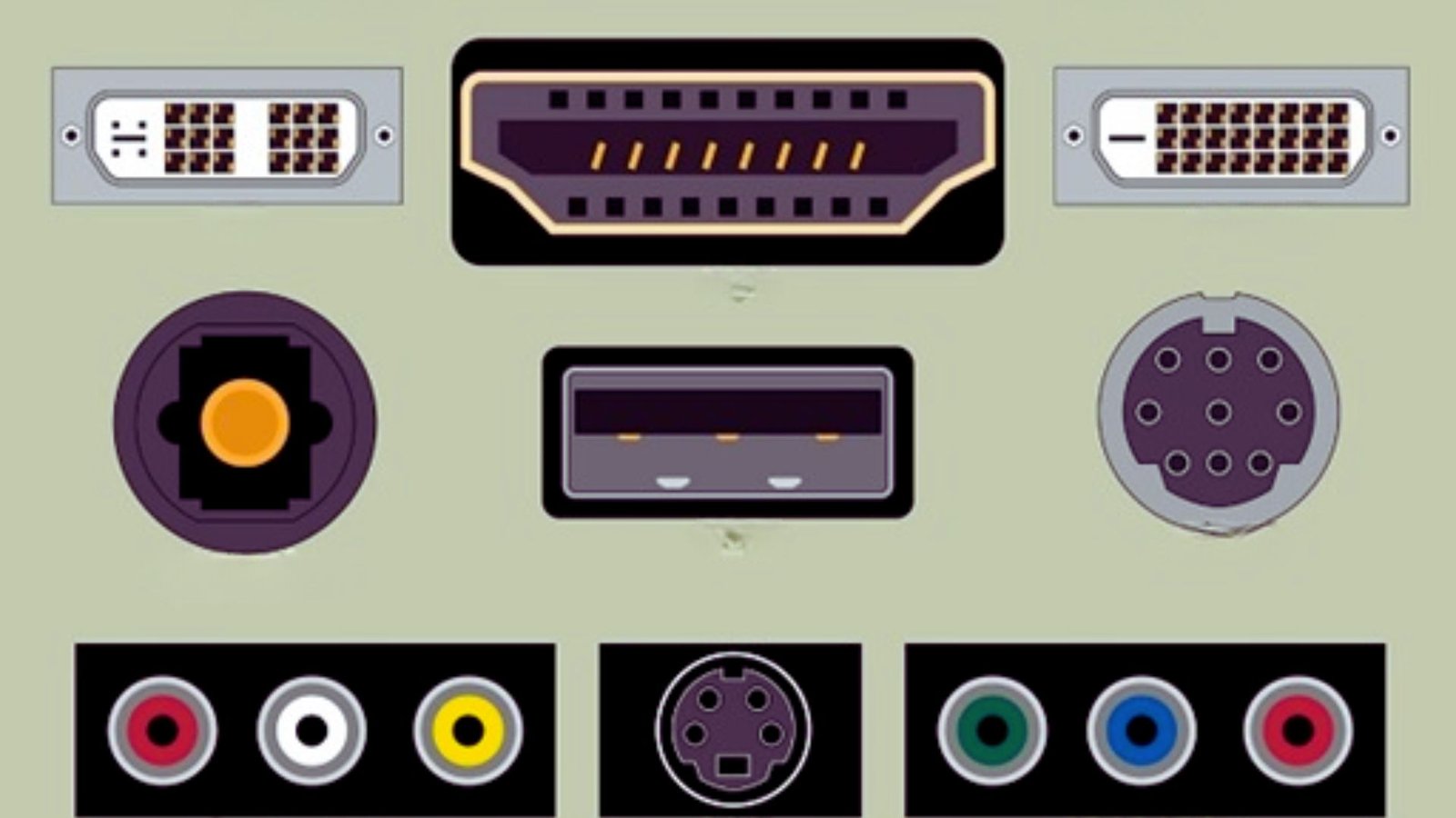 Illustration of various audio and video cable ports on a green background, including RCA, S-video, and VGA connectors, highlighting their different shapes and colors.