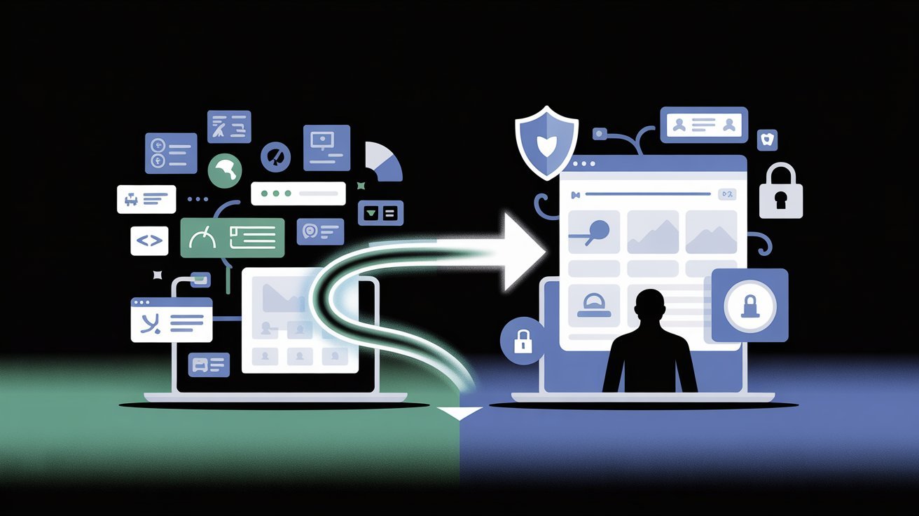 Two stylized computers on a dark background show data transfer with an arrow between them. The left computer has data icons; the right features security symbols.