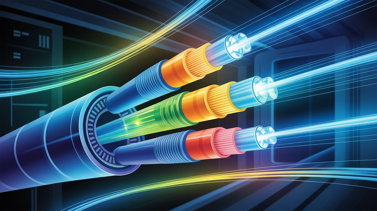 Vibrant illustration of fiber optic cables with glowing blue and green light beams streaming, suggesting high-speed data transmission and technology.