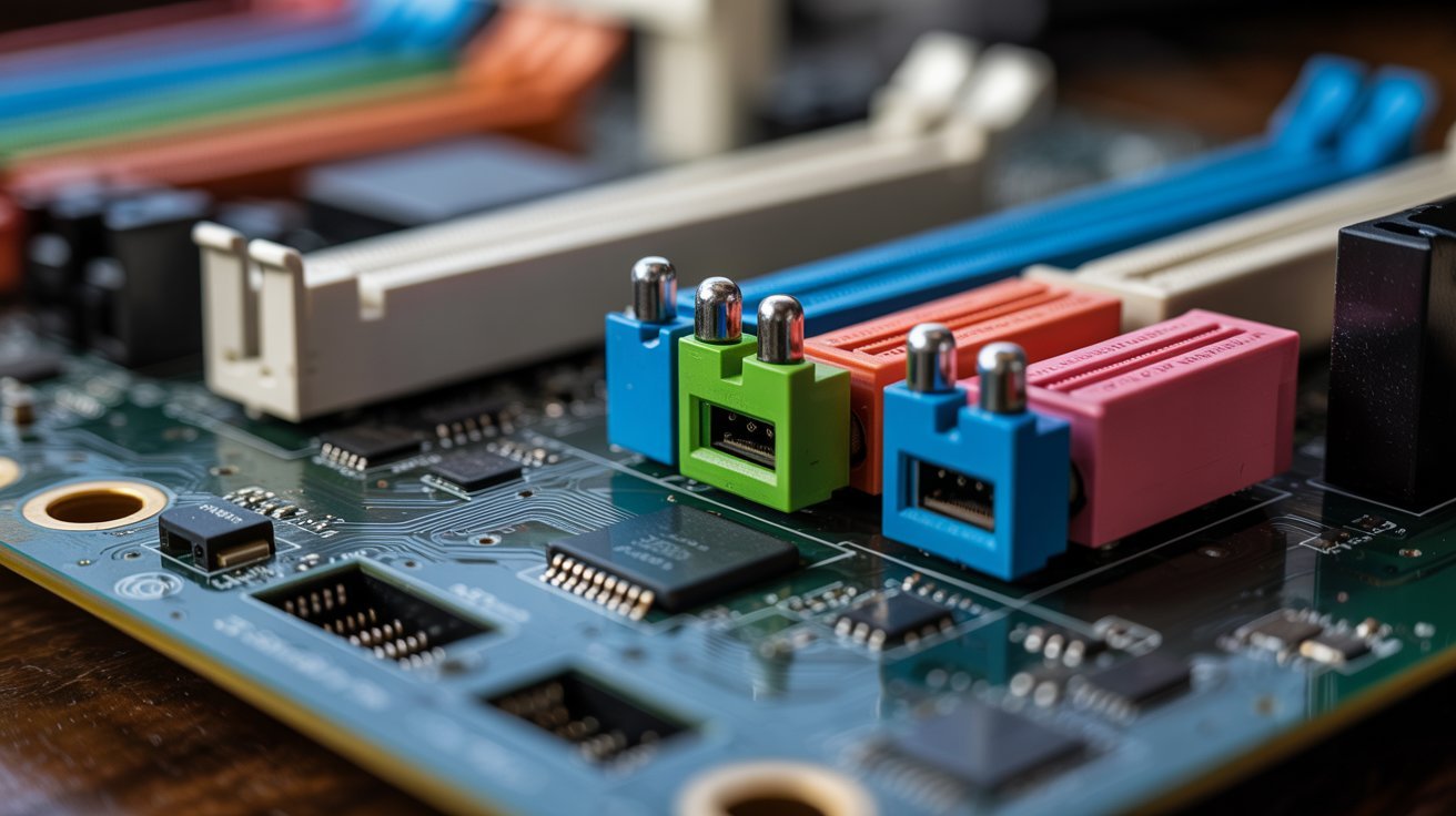 Close-up of a colorful computer motherboard with multicolored slots and connectors, showcasing circuitry details. The tone is technical and intricate.