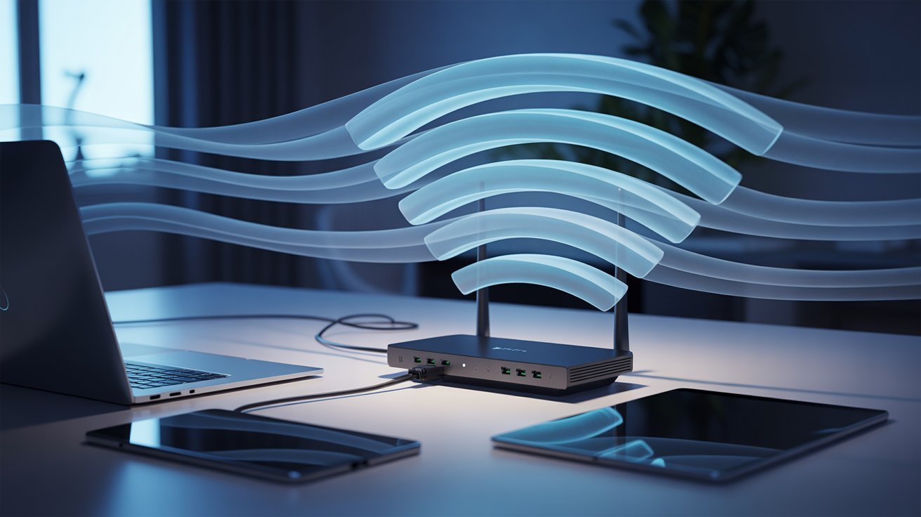 A glowing Wi-Fi router emits blue signal waves across a table, surrounded by a laptop and tablets, in a modern room with soft, ambient lighting.