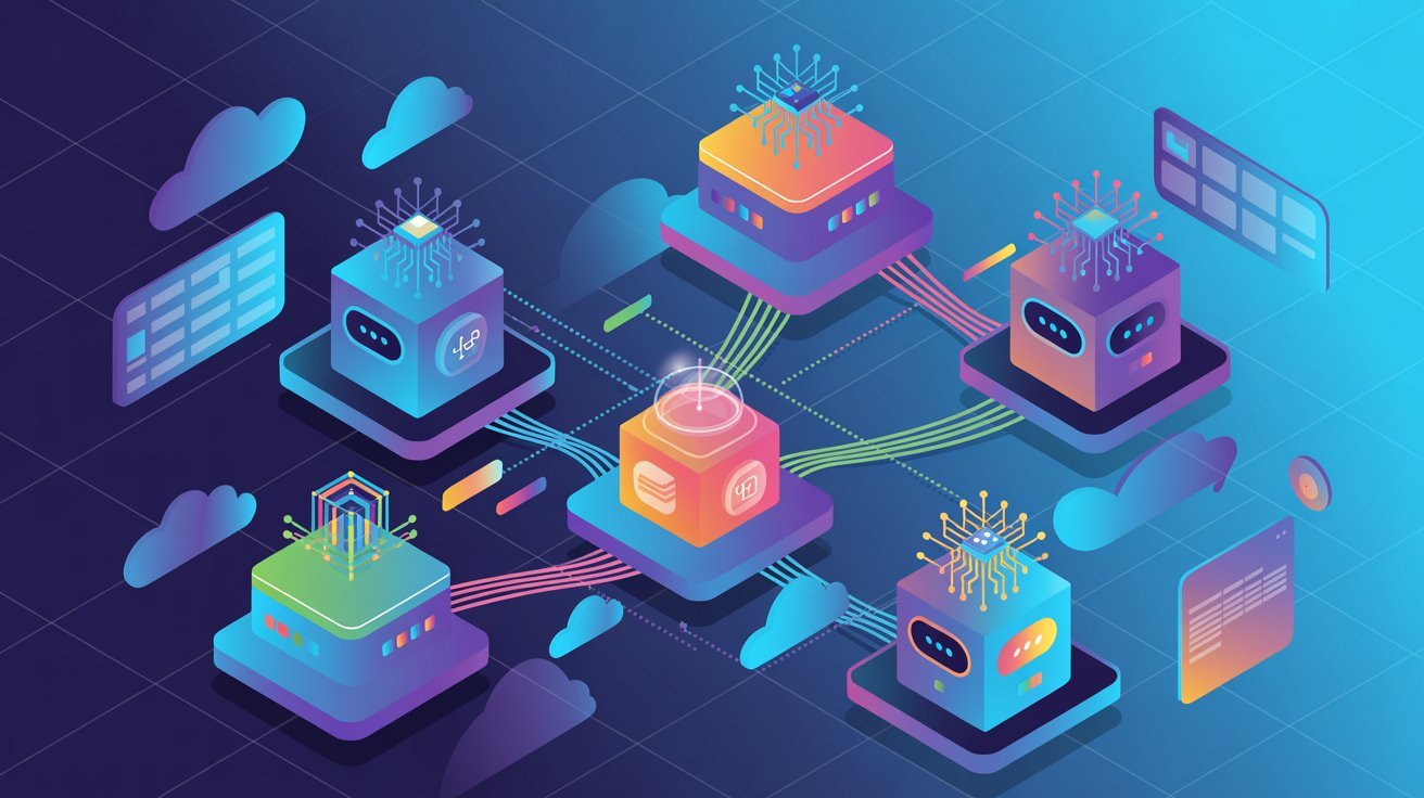 Futuristic illustration of interconnected servers with digital screens and data streams on a gradient blue background, conveying technology and networking.