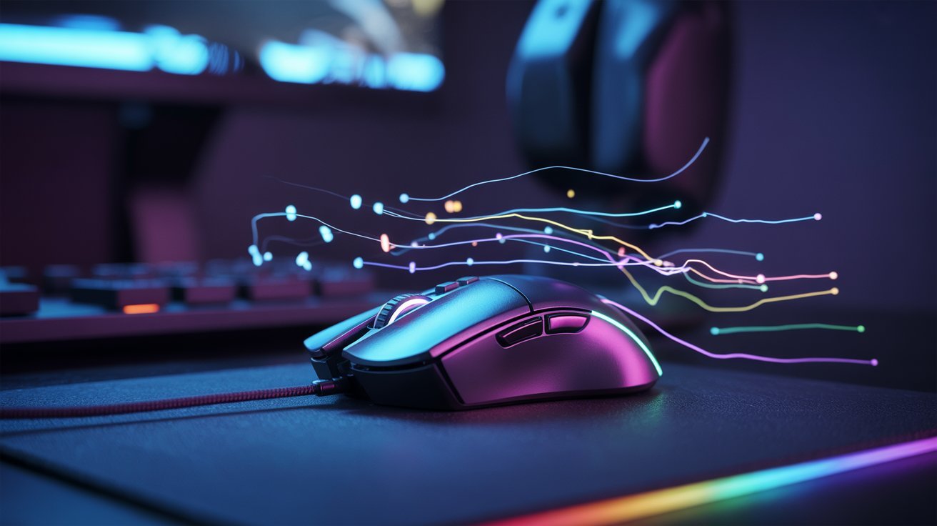A sleek gaming mouse with colorful, glowing trails emanating from it, sits on a dark mouse pad. The ambient light creates a futuristic and dynamic atmosphere.