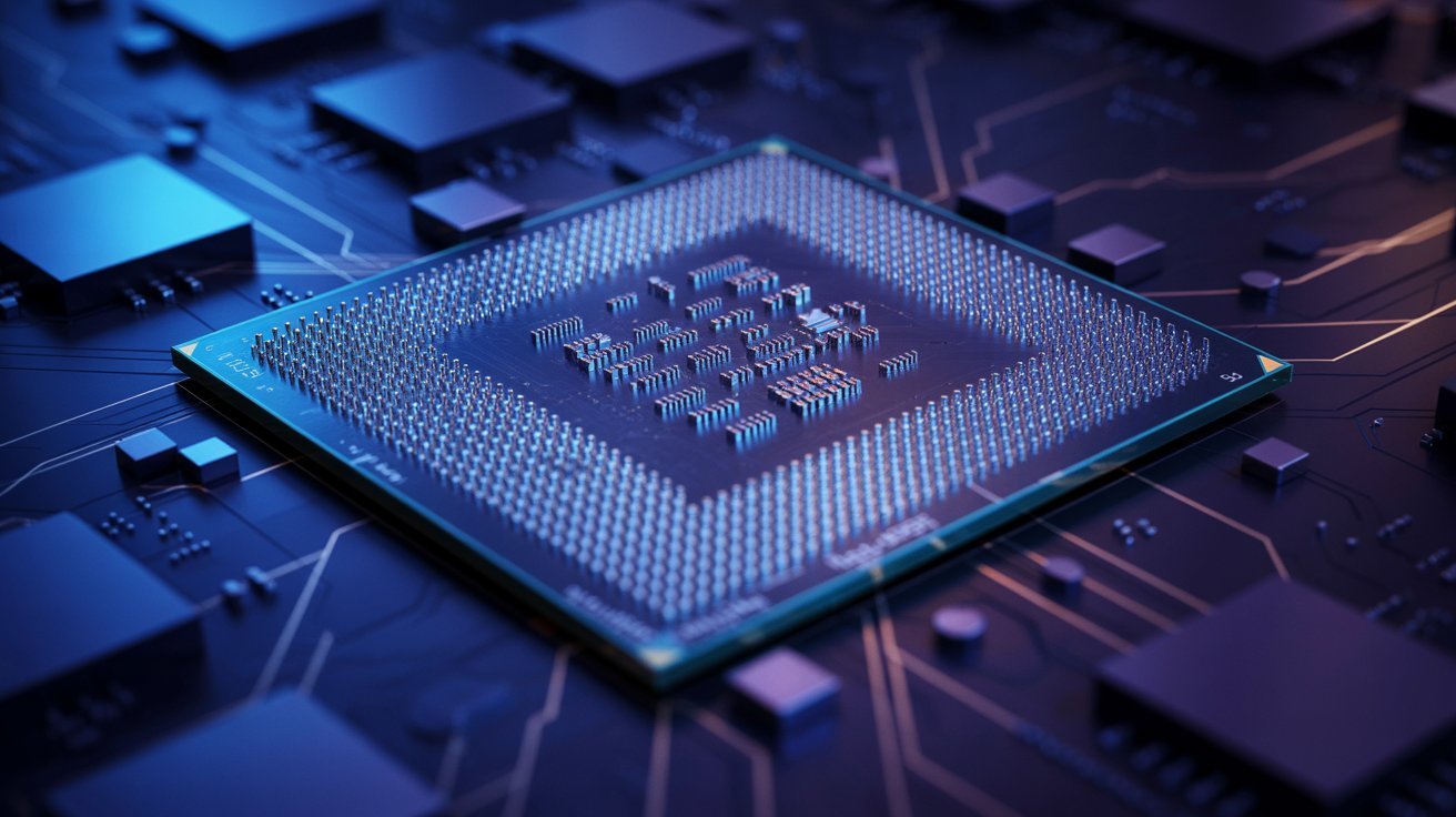 Close-up of a glowing microchip on a circuit board, surrounded by other electronic components. The image conveys a high-tech, futuristic feel.