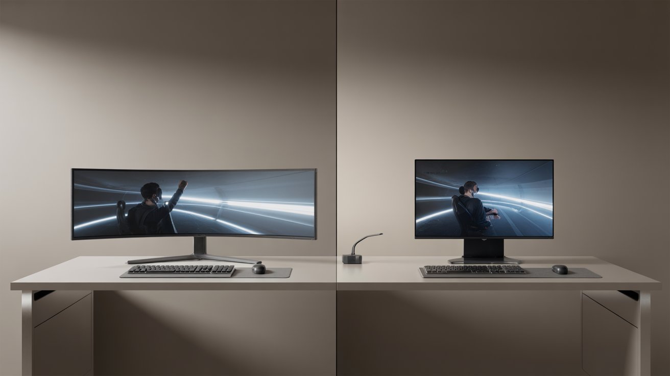 Two sleek computer setups on a modern desk: left has an ultra-wide curved monitor, right a standard monitor. Both display futuristic lighting graphics.