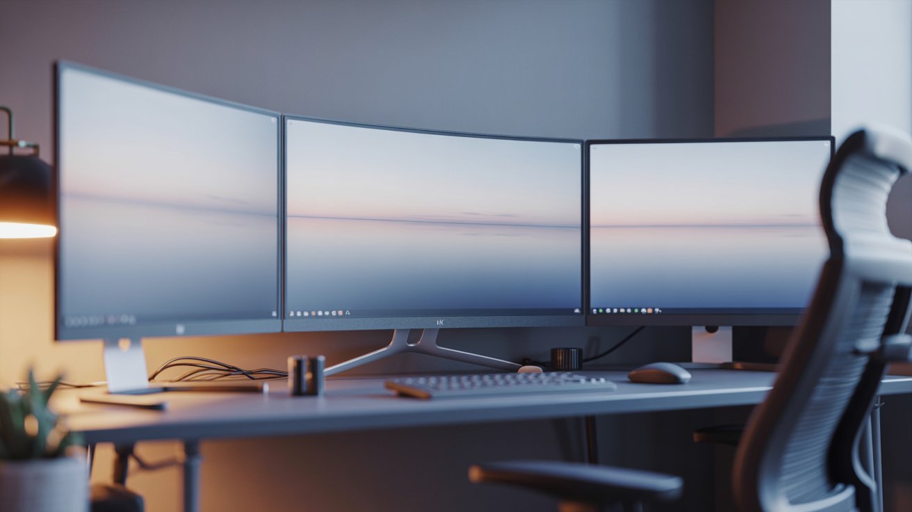 A modern workstation with three curved monitors displaying a serene ocean scene. The desk holds a keyboard, mouse, and lamp, conveying a calm, productive vibe.