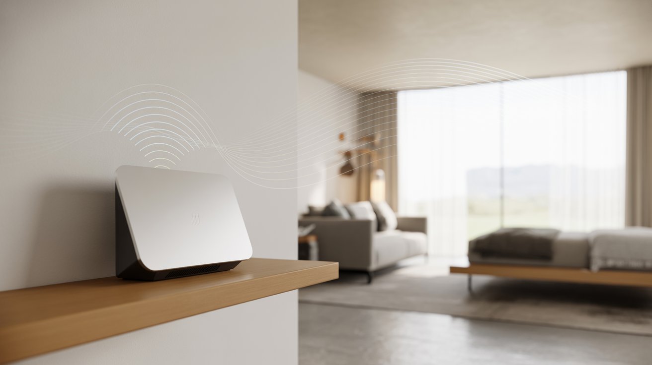 A sleek, modern router emits signals, displayed as waves, in a minimalistic living and bedroom space with soft lighting and a large window view.