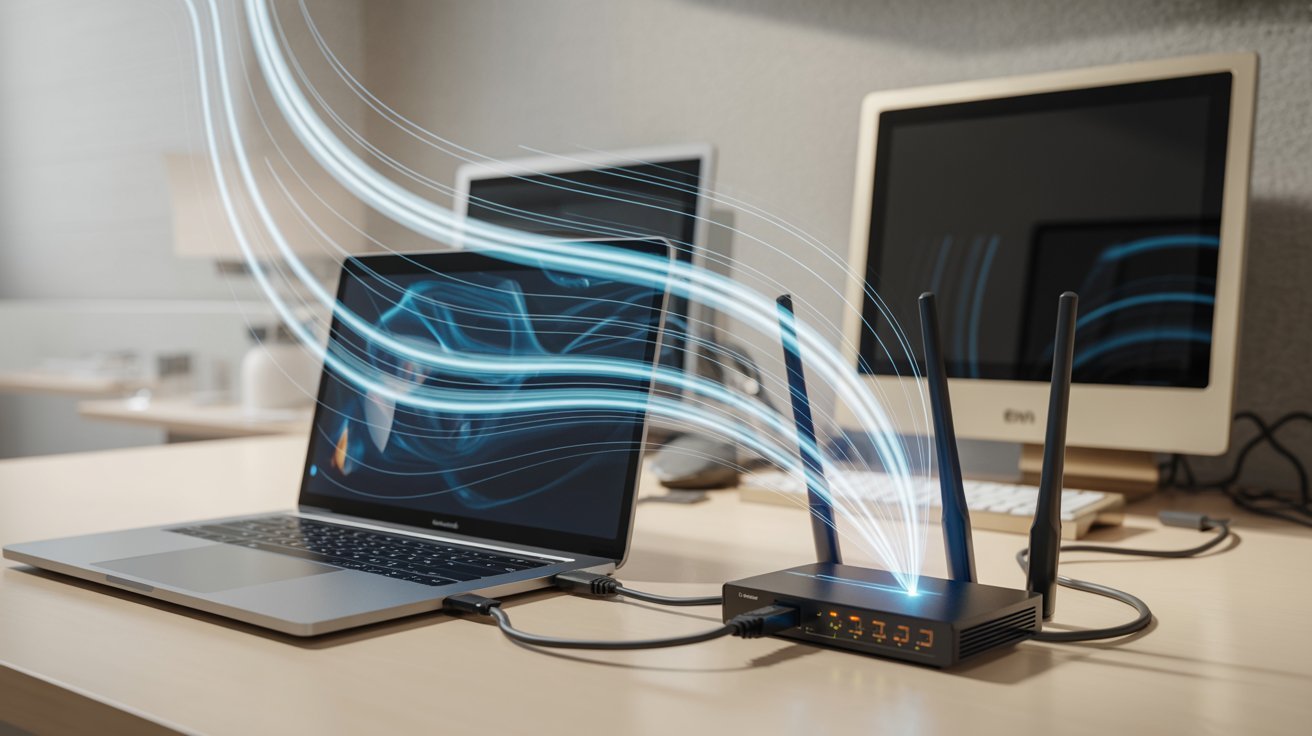 A laptop and router connected with cables on a desk, emitting blue waves symbolizing a strong wireless network. Background includes two blurred monitors.