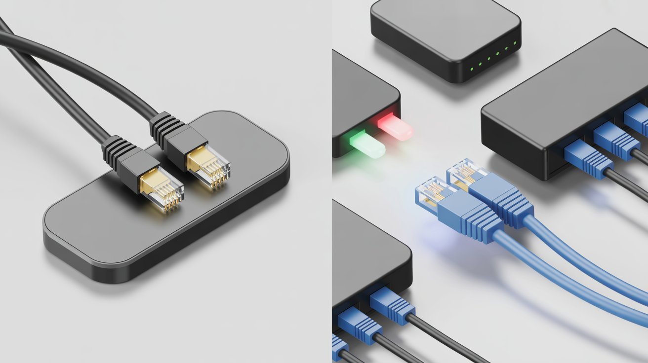 A split image shows two network setups. Left: Two black Ethernet cables connected to a slim network hub. Right: Multiple blue Ethernet cables plugged into black and gray network devices with glowing indicators. The tone is technical and modern.