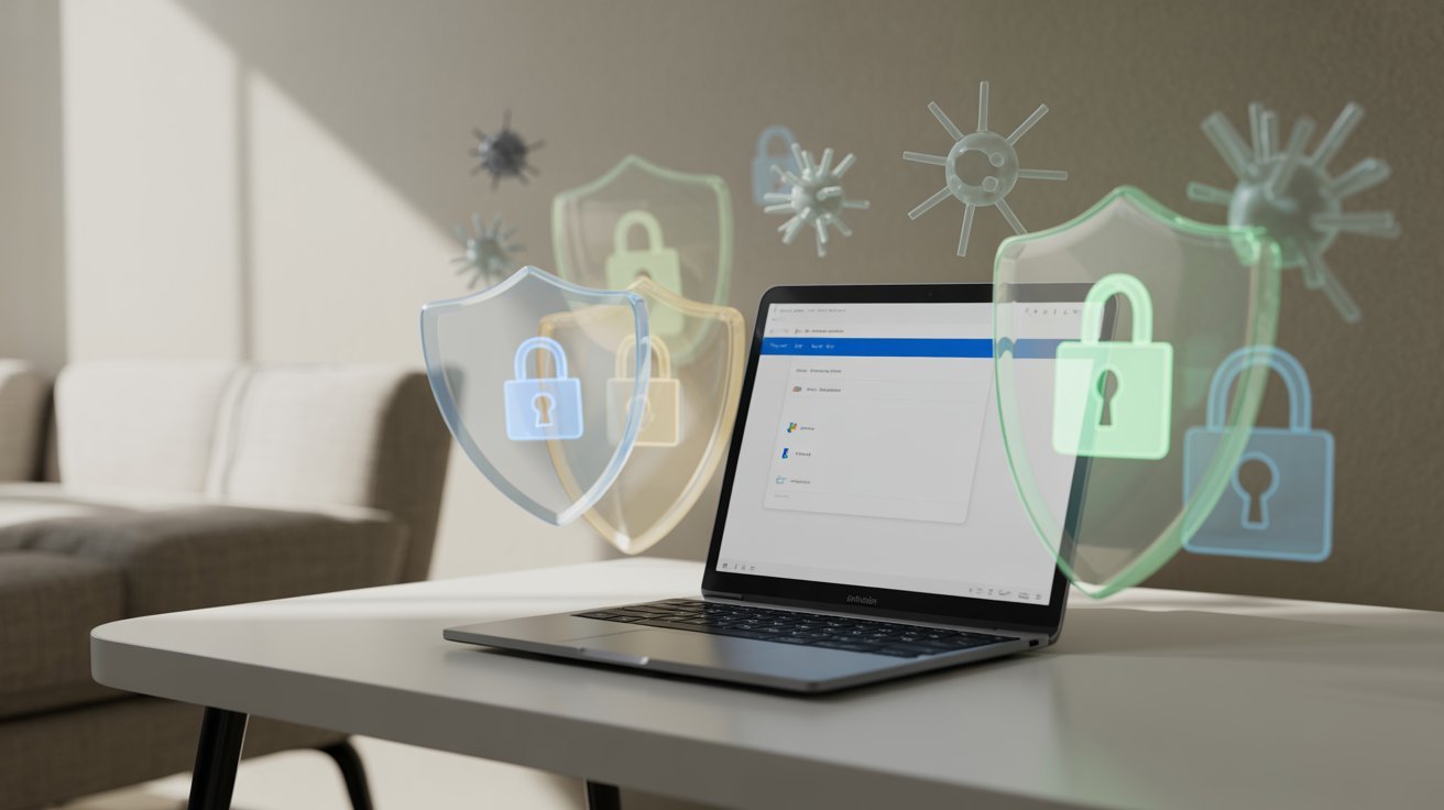 A laptop displaying a cloud storage interface sits on a table. Digital lock icons and shields hover around it, symbolizing cybersecurity and data protection.
