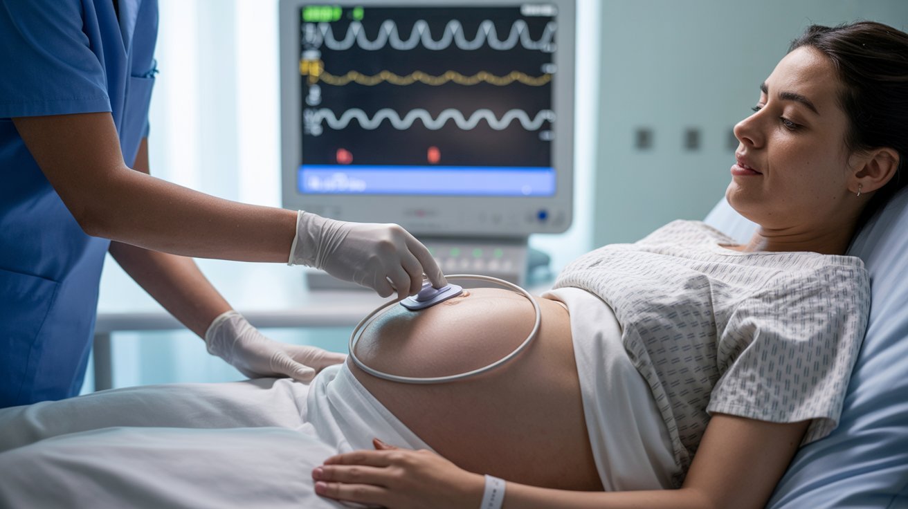 A pregnant woman lies in a hospital bed, smiling as a nurse conducts an ultrasound. The monitor displays fetal heartbeats, conveying a sense of calm and anticipation.