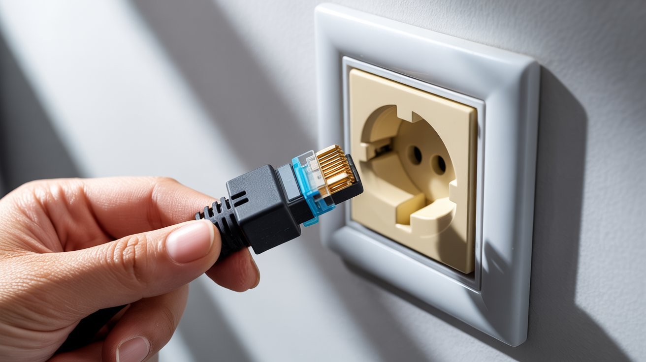 A hand holding a blue Ethernet cable approaches a wall socket with a square frame. The scene conveys a sense of connection or setup.