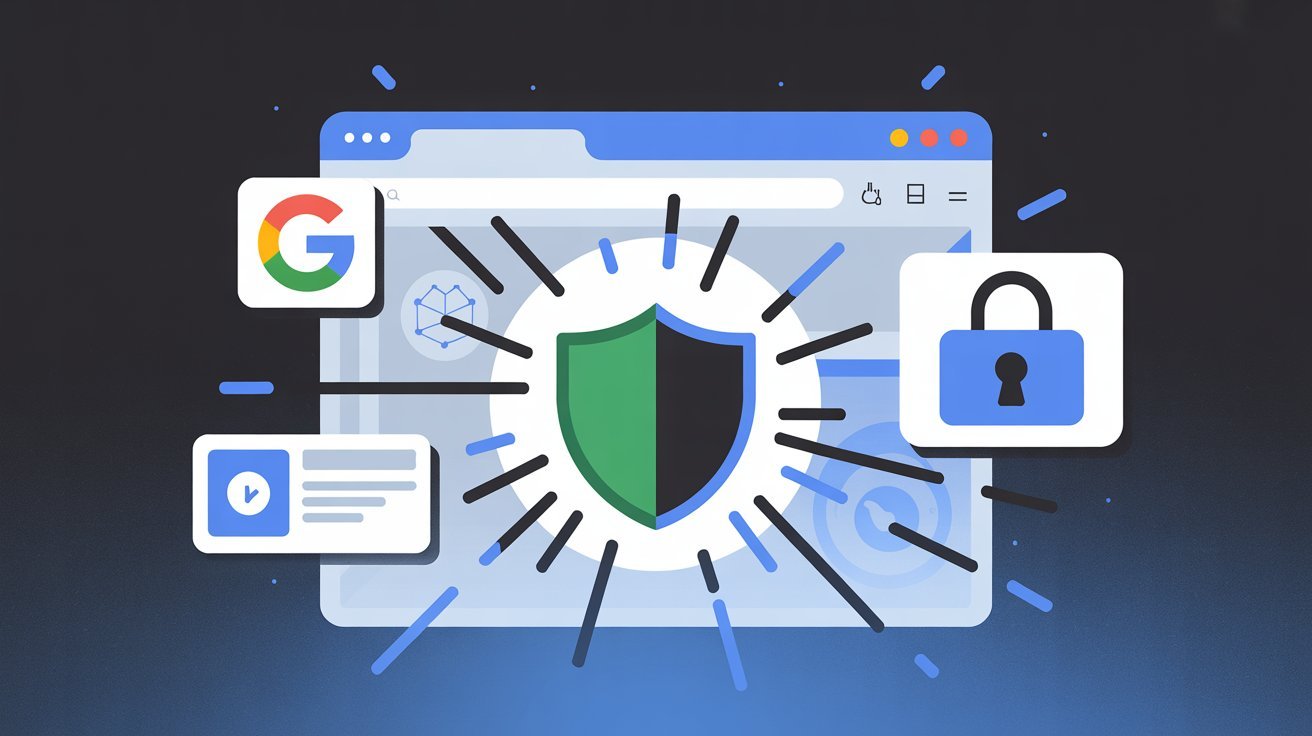 A web browser interface shows a central green and black shield, symbolizing security. Icons include Google and a padlock, highlighting online protection.