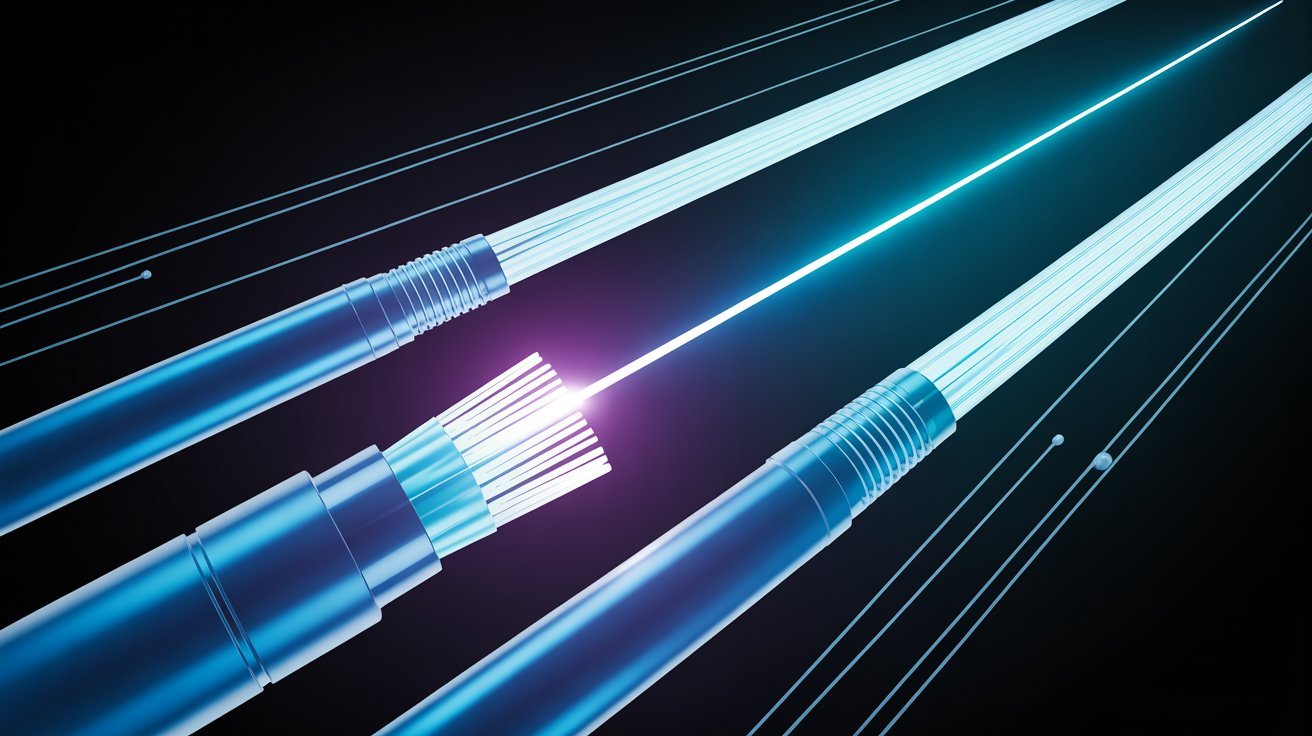 Close-up of glowing blue fiber optic cables on a dark background, emitting a bright light from one end, conveying speed and connectivity.