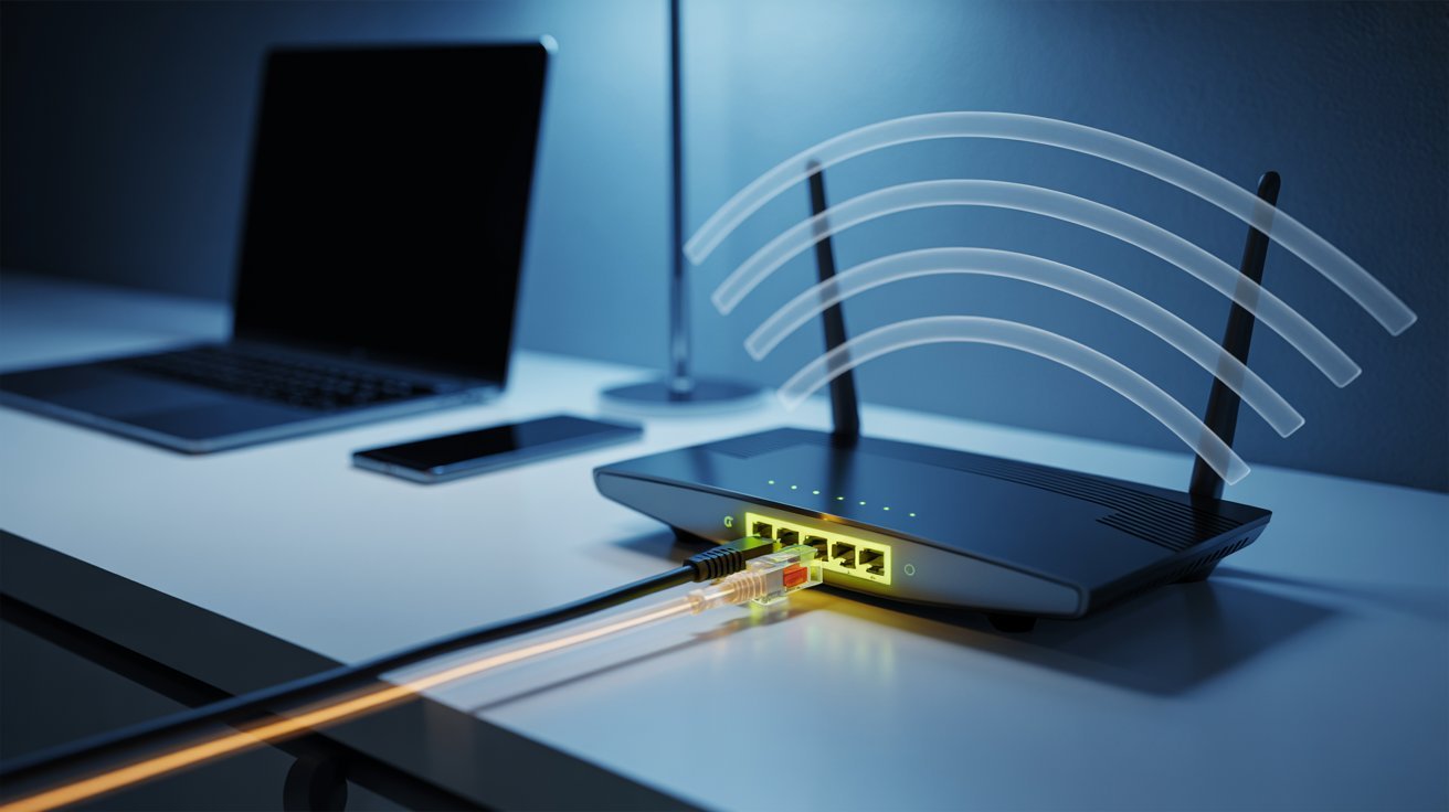 A wireless router emits signal waves on a desk, connected via ethernet cable. Nearby are a laptop and smartphone, conveying a modern tech setup.