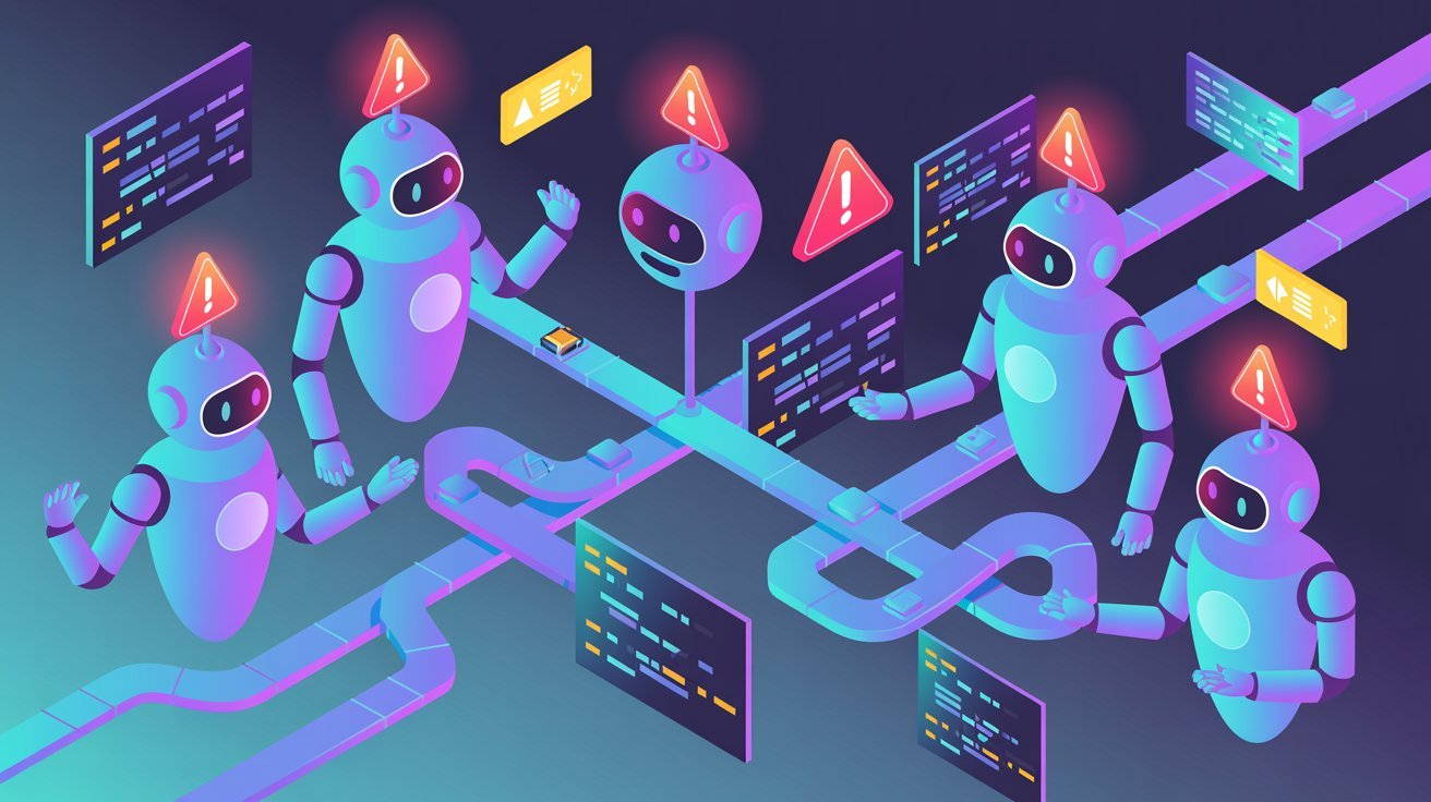 Five robots with exclamation marks on their heads gesture near digital roadways and screens. The scene conveys urgency and teamwork in a digital setting.