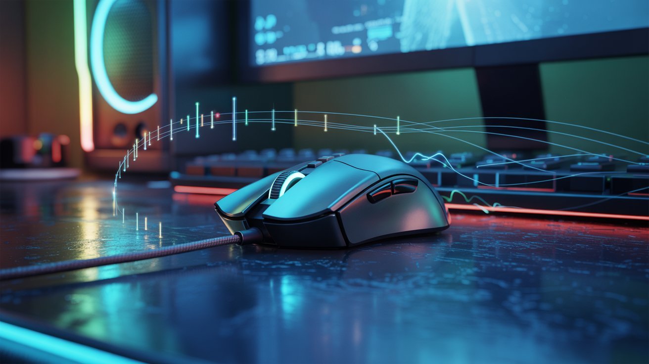 A sleek gaming mouse on a desk, surrounded by colorful RGB lights from a keyboard and monitor. Dynamic sound waves hover above, creating an energetic vibe.