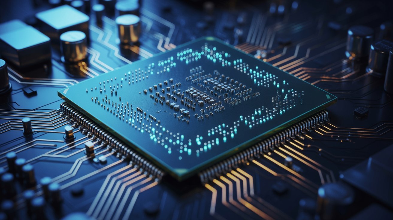 Close-up of a glowing microchip on a dark circuit board, with intricate gold pathways. The image conveys high-tech innovation and futuristic technology.