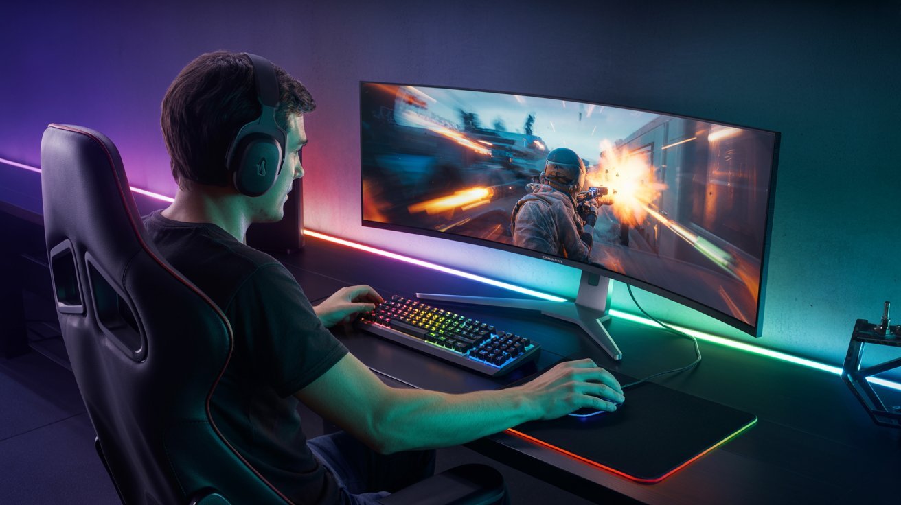 A gamer wearing headphones intensely plays a shooting game on a large curved monitor. RGB lighting on the keyboard and desk adds vibrant color to the dark room.