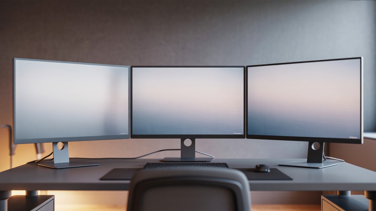 A sleek setup with three monitors displaying a minimalist gradient on a modern desk, evoking productivity and a tech-savvy atmosphere.