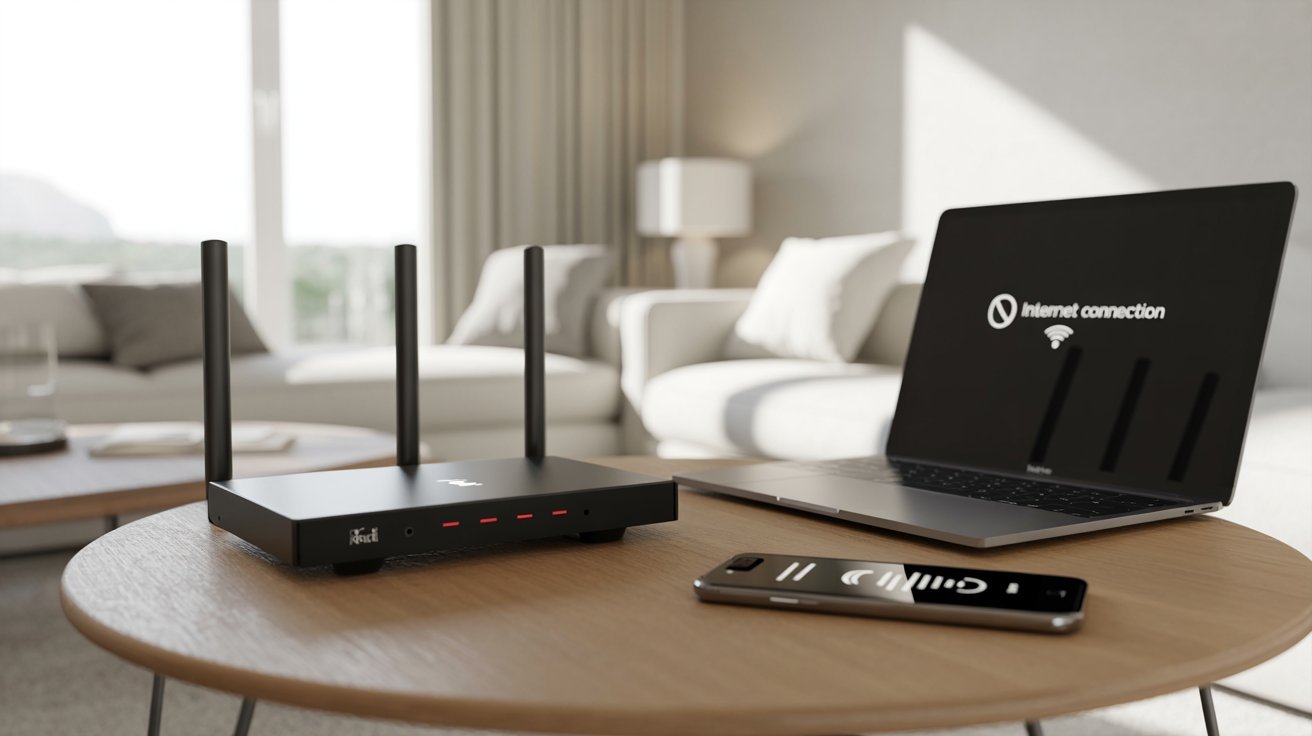 A sleek black router with three antennas sits on a wooden table in a bright, modern living room. Nearby, a laptop shows "Internet connection" with a broken Wi-Fi icon, and a smartphone is placed next to the router. Soft sunlight streams through large windows, creating a calm atmosphere.