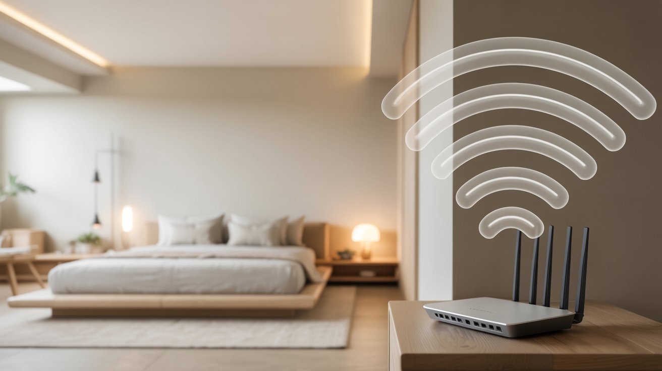 Modern bedroom with neutral tones, featuring a Wi-Fi router on a wooden shelf and a glowing Wi-Fi signal icon. Calm, connected atmosphere.