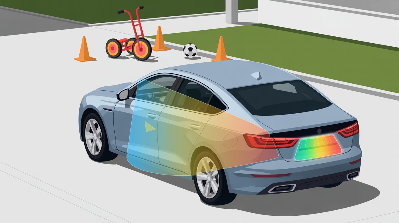 A car uses rear sensors to detect obstacles, showing colored radar waves. Nearby are orange cones, a tricycle, and a soccer ball on a driveway.