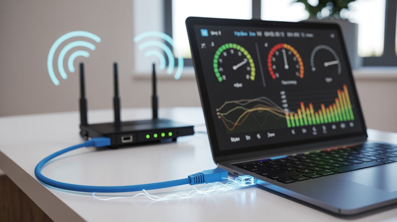 A laptop displaying colorful network graphs is connected to a Wi-Fi router with blue Ethernet cable. Wireless signal icons hover near the router.