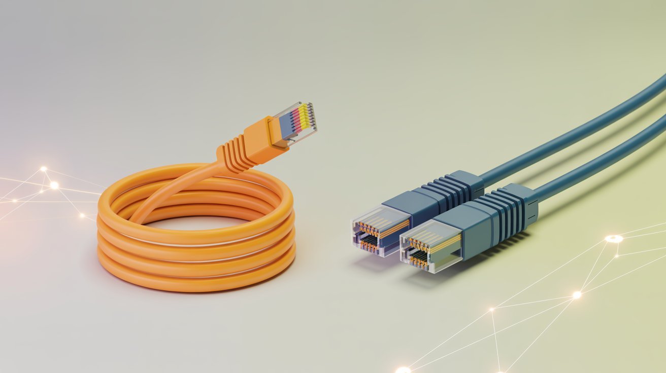 Coiled orange Ethernet cable next to two straight blue cables on a light gradient background with subtle glowing network lines, conveying connectivity.