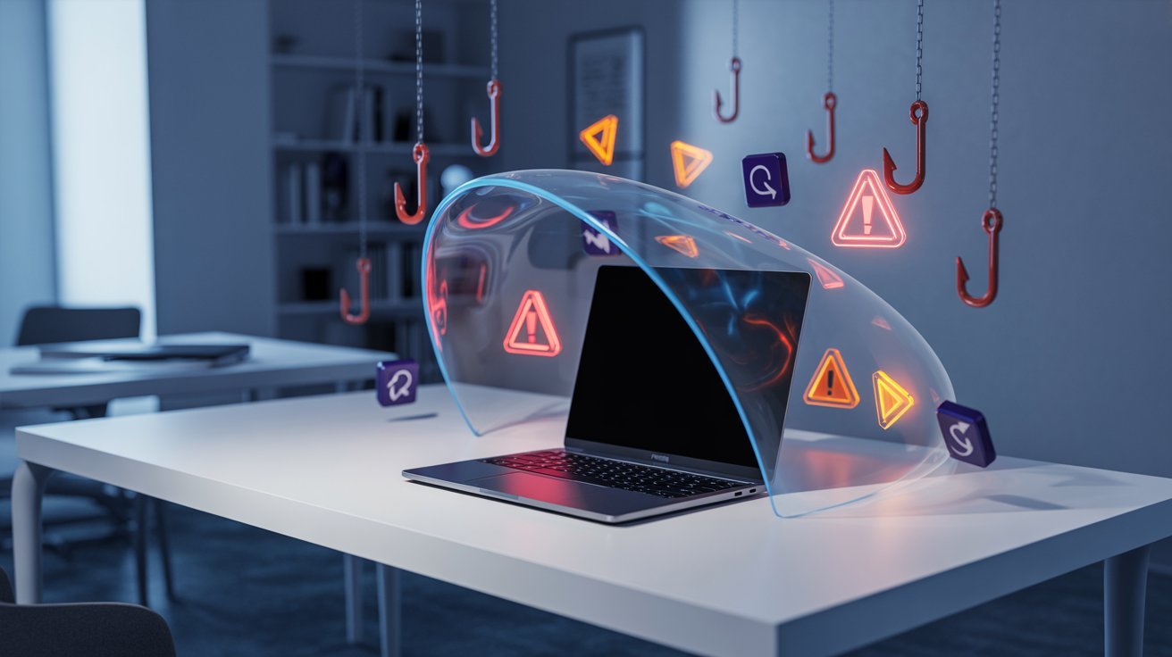 A laptop on a desk is shielded by a transparent dome, surrounded by floating warning symbols and hooks, symbolizing digital security threats.