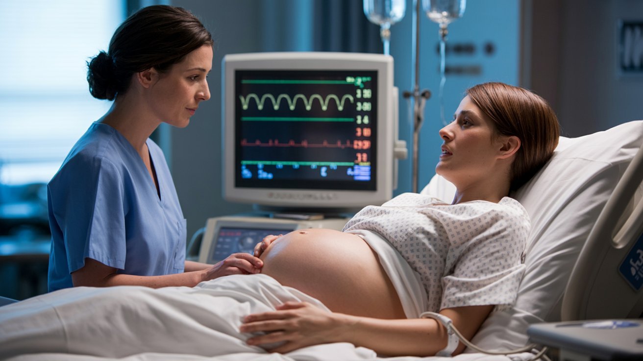 A pregnant woman in a hospital bed receives care from a nurse, who gently holds her hand. A fetal monitor shows steady readings, conveying a calm mood.