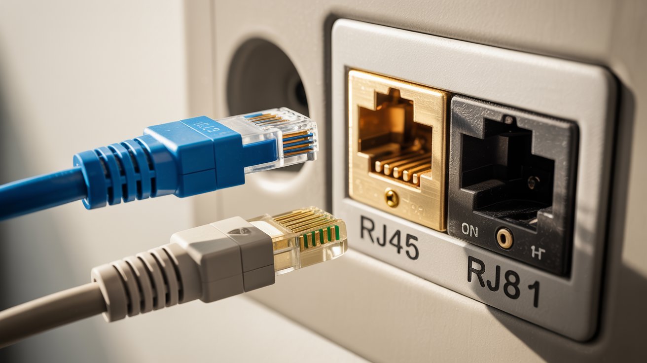 A close-up of a wall panel showing two ports labeled RJ45 and RJ81. A blue Ethernet and a beige cable are positioned near their respective ports.