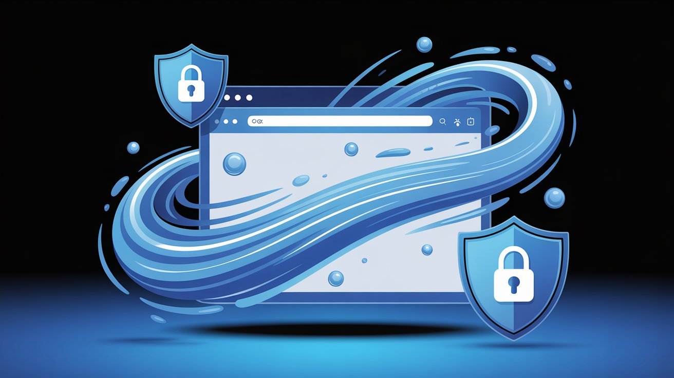 Illustration of a web browser framed by swirling blue waves and two shield icons with locks, symbolizing internet security and data protection.