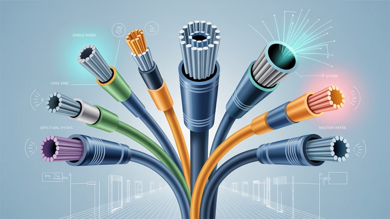 An array of colorful optical cables fanning outwards, each showing a fiber bundle. Labels and diagrams highlight types and functions on a blue gradient background.