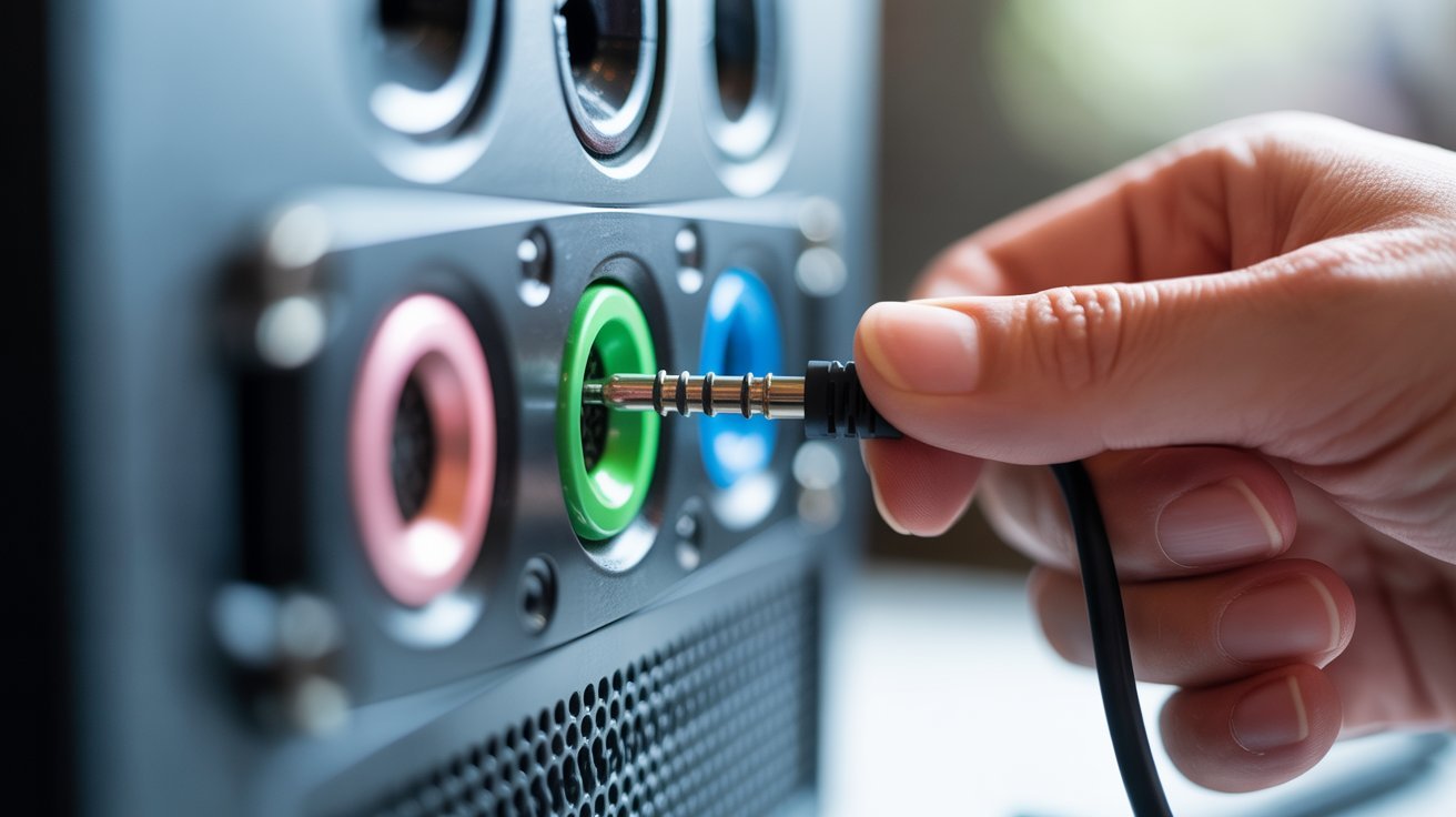A hand plugs an audio cable into a green port on the back of a computer. Surrounding ports are colored pink and blue, hinting at a focus on connectivity.