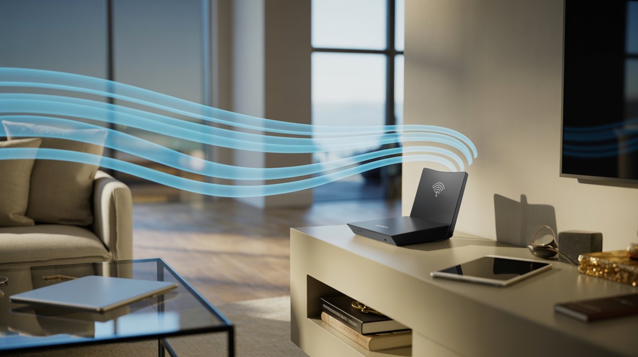 A sunlit living room with a black router on a table, emitting digital waves. Nearby are a tablet, laptop, and phone, suggesting a connected, modern ambiance.