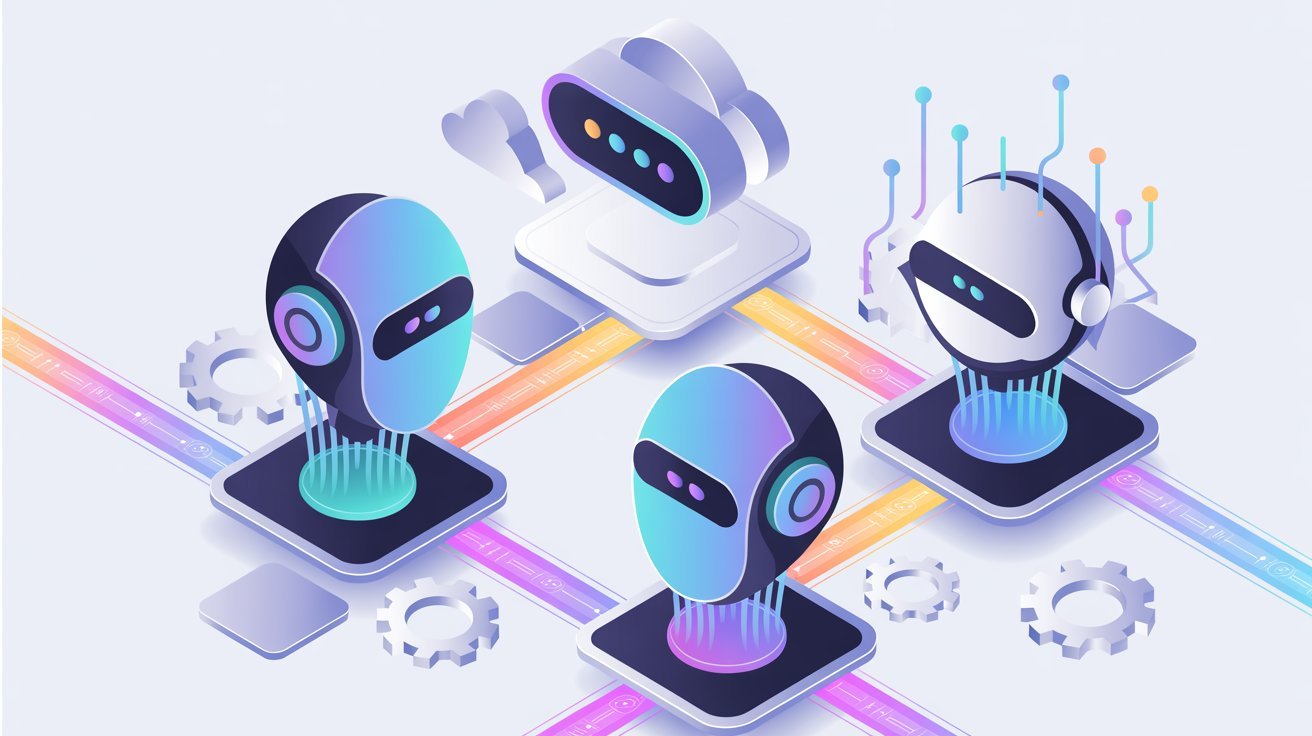 Four futuristic, colorful robotic heads with digital displays are connected on a circuit board-like platform, evoking a tech-advanced, collaborative atmosphere.