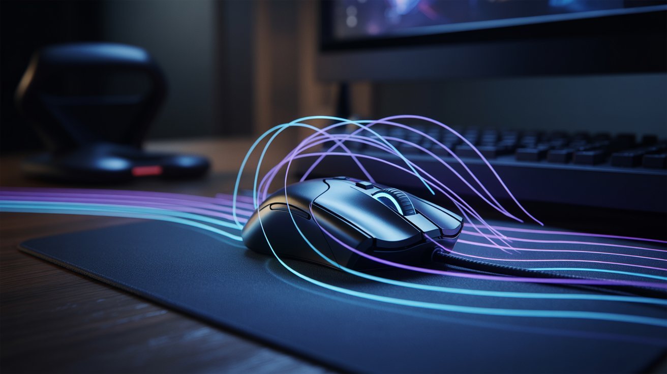 Sleek gaming mouse on pad with glowing blue and purple lines symbolizing speed. Keyboard and screen in background, evoking a futuristic vibe.