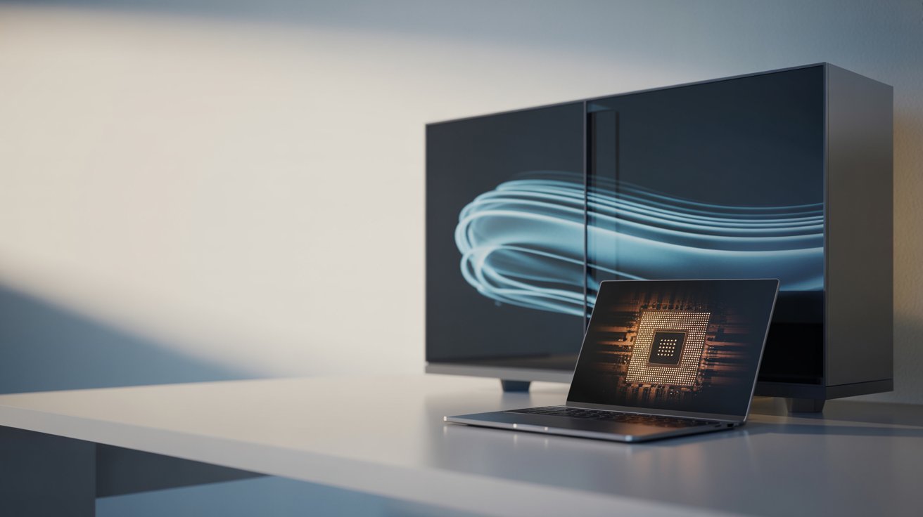 A sleek laptop showing a glowing microchip design sits on a minimalist desk. Behind it, a digital screen displays abstract blue wave patterns. Modern and tech-focused.