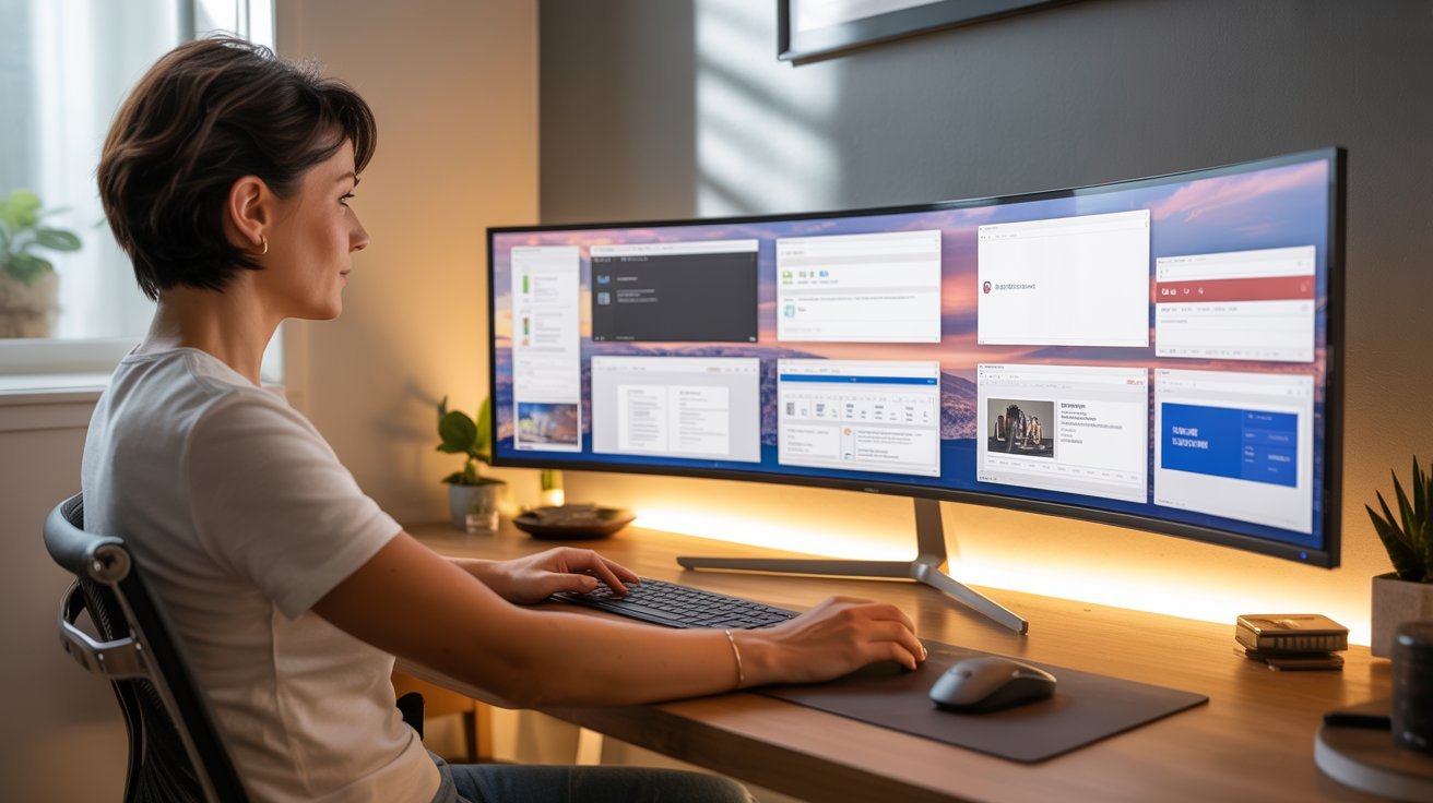 A woman sits at a modern desk using a wide curved monitor displaying multiple applications. The room is softly lit, conveying a focused workspace.