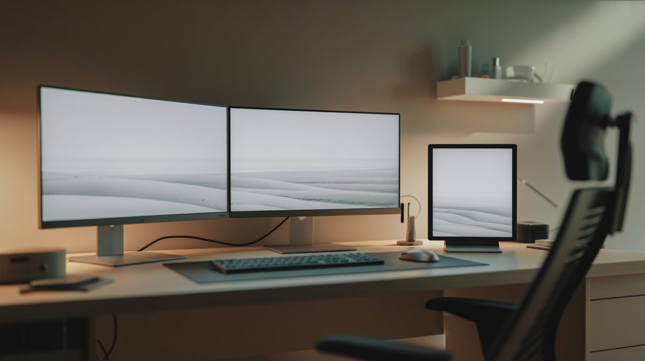 Modern desk setup with two widescreen monitors and a vertically oriented tablet displaying serene landscapes. Minimalist decor, ergonomic chair, calm ambiance.