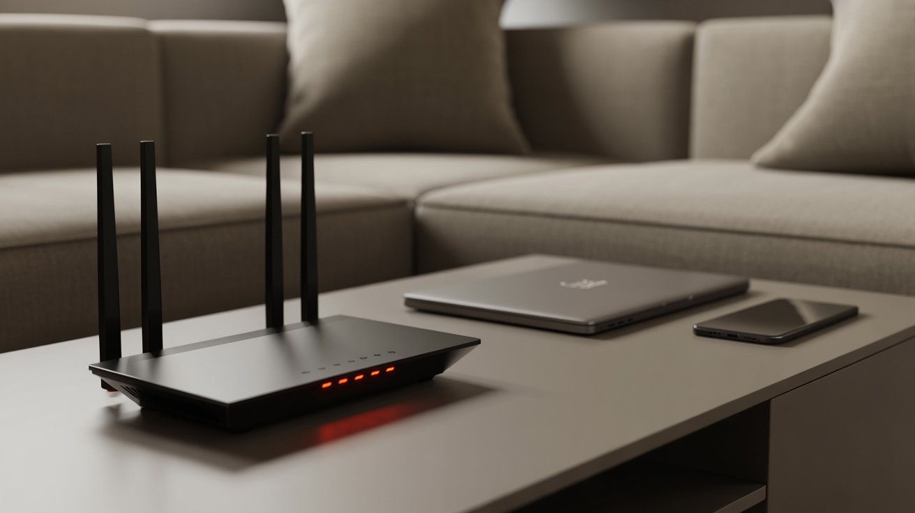 A minimalist living room features a sleek black Wi-Fi router with four antennas on a coffee table, near a closed laptop and smartphone, against a gray sofa.