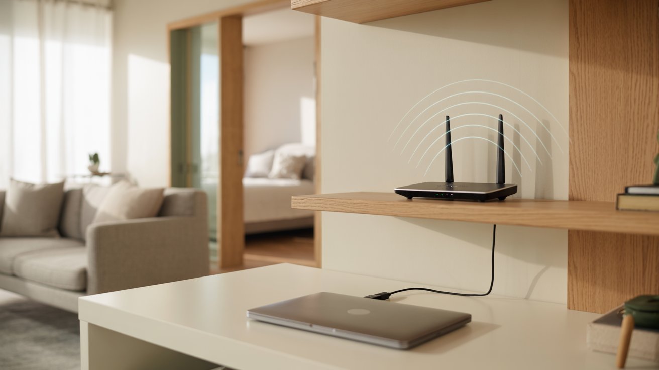 A modern home office setup with a laptop on a white desk, wire connected to a Wi-Fi router with signal waves. A cozy living room is visible in the background.