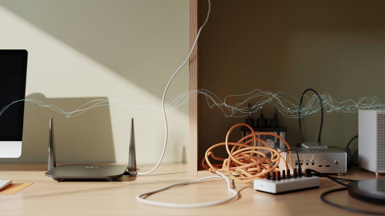 A modern desk with a computer monitor, wireless router, tangled cables, and electronic devices. Subtle digital waves connect them, implying connectivity and technology.