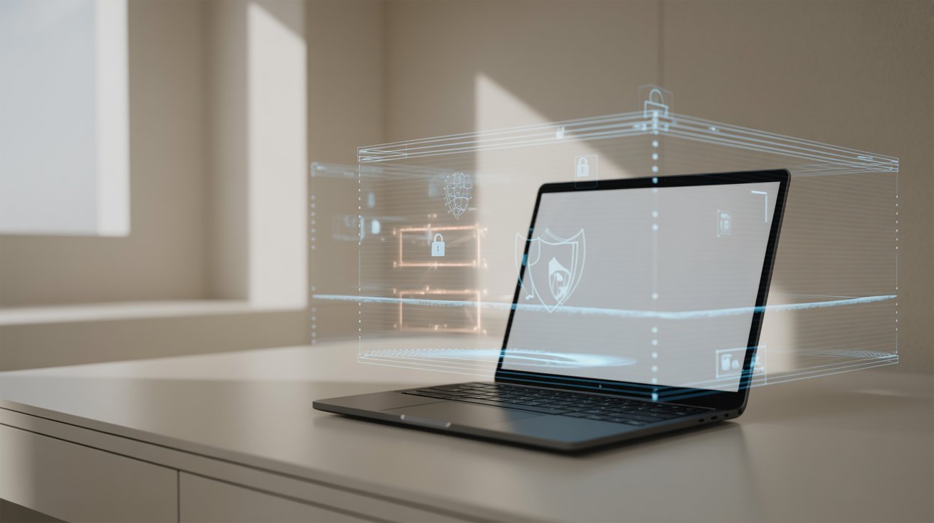 A laptop on a desk with digital holographic elements like locks and shields, symbolizing cybersecurity. The room is softly lit, conveying security and calm.