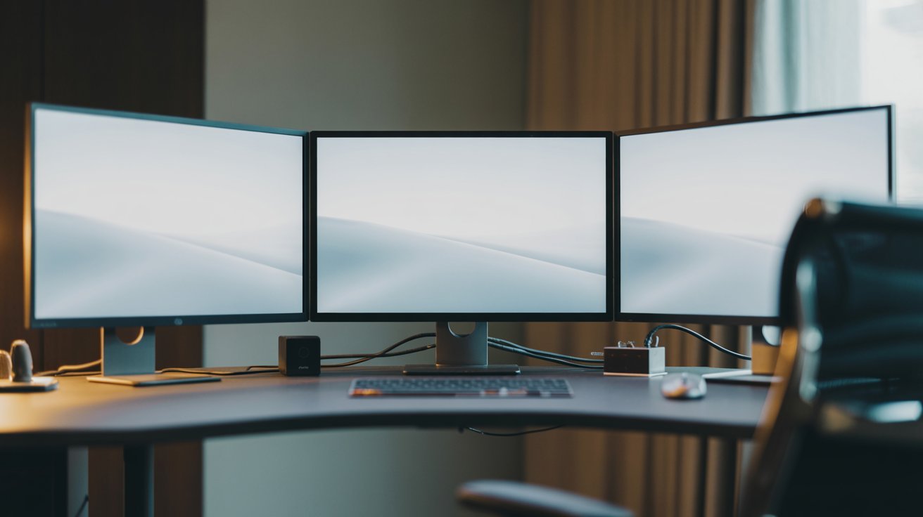 A workspace featuring three curved monitors on a sleek desk, with a keyboard and mouse. The mood is modern and professional, with soft lighting.