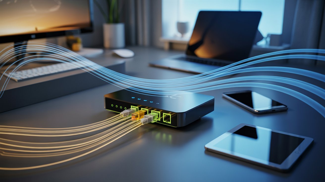 A modern office desk with a glowing internet router, flowing data lines, and nearby devices like a laptop and smartphone. The scene is tech-focused and dynamic.